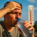 Prévention déshydratation pendant la canicule : bouteille d’eau et signe de chaleur
