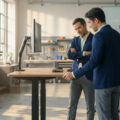 Deux hommes discutent devant un bureau assis-debout ergonomique dans un espace de travail lumineux et moderne.