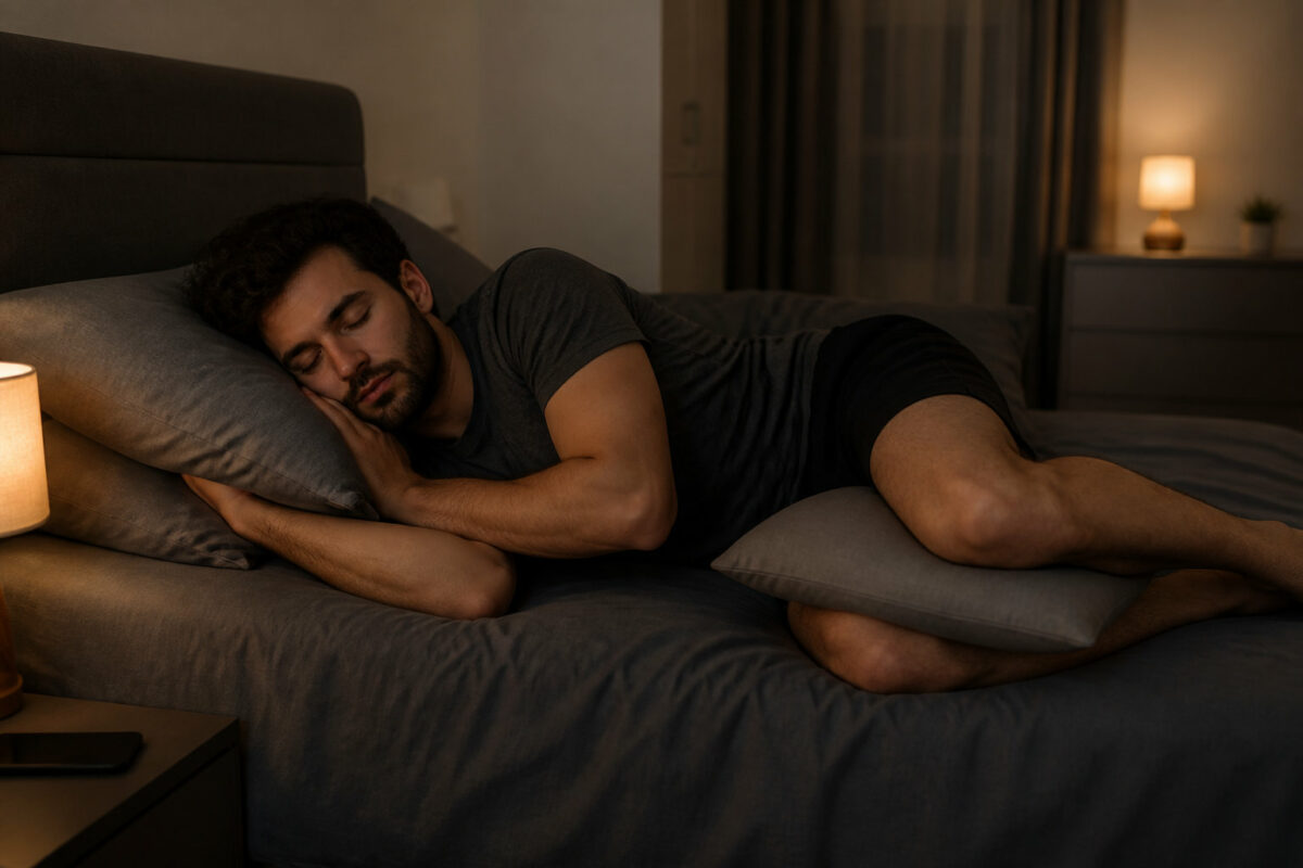 Un homme dort sur le côté avec un oreiller entre les genoux dans une chambre sombre.