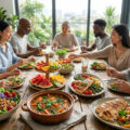 Un groupe diversifié de personnes mangeant ensemble autour d'une table remplie de plats sains, incluant salades et fruits.