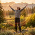 Une personne debout dans une forêt au coucher du soleil, les bras levés vers le ciel avec une aura lumineuse circulaire.